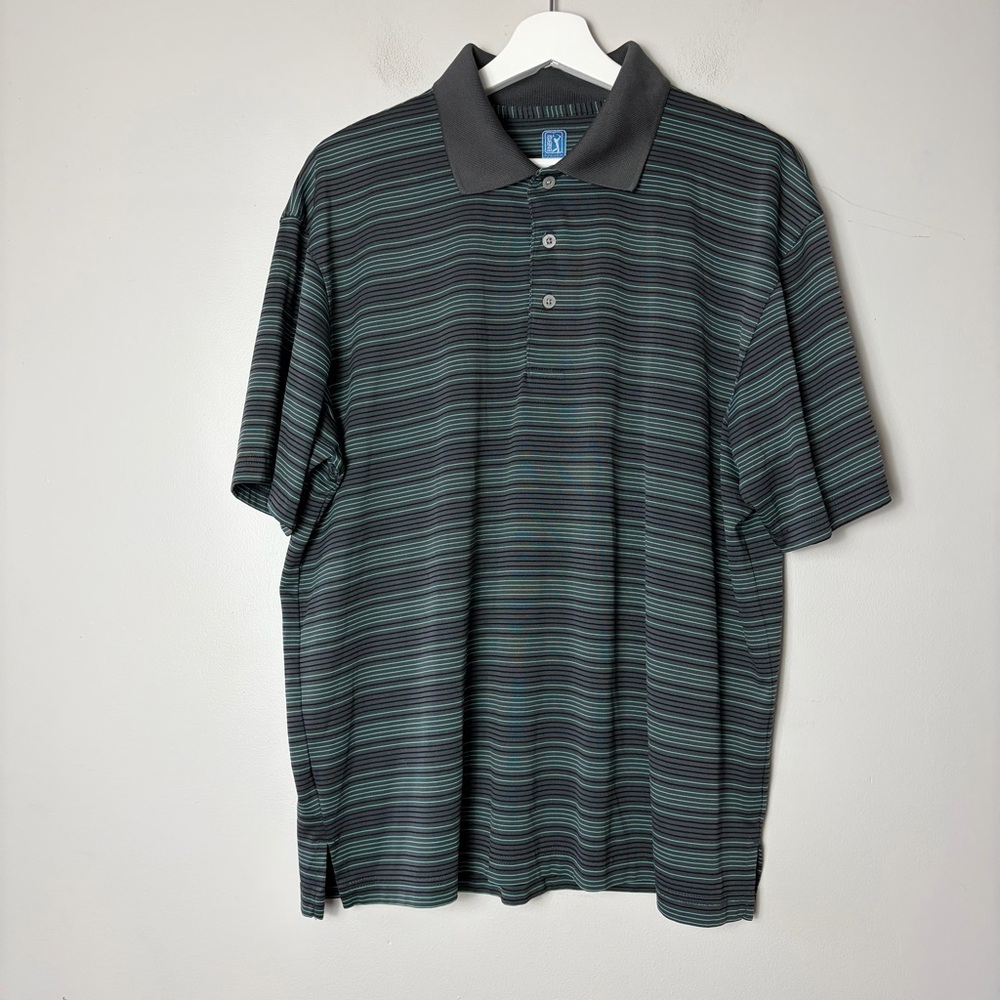 PGA Tour Gray and Green Striped Polo‎ Men's Large